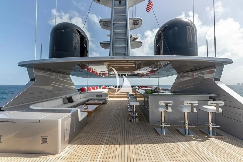 a large military ship on a deck aboard ODESSA Yacht for Sale