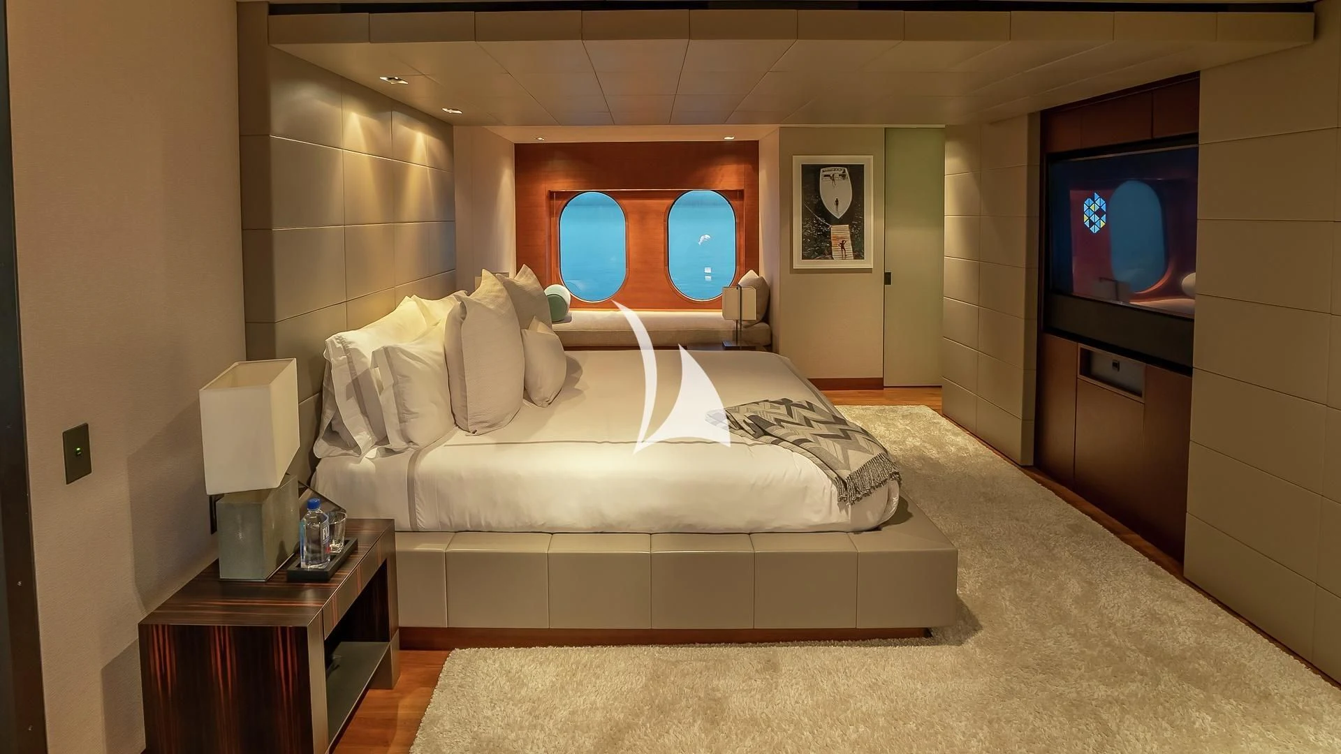 a bed in a room aboard ODESSA Yacht for Sale