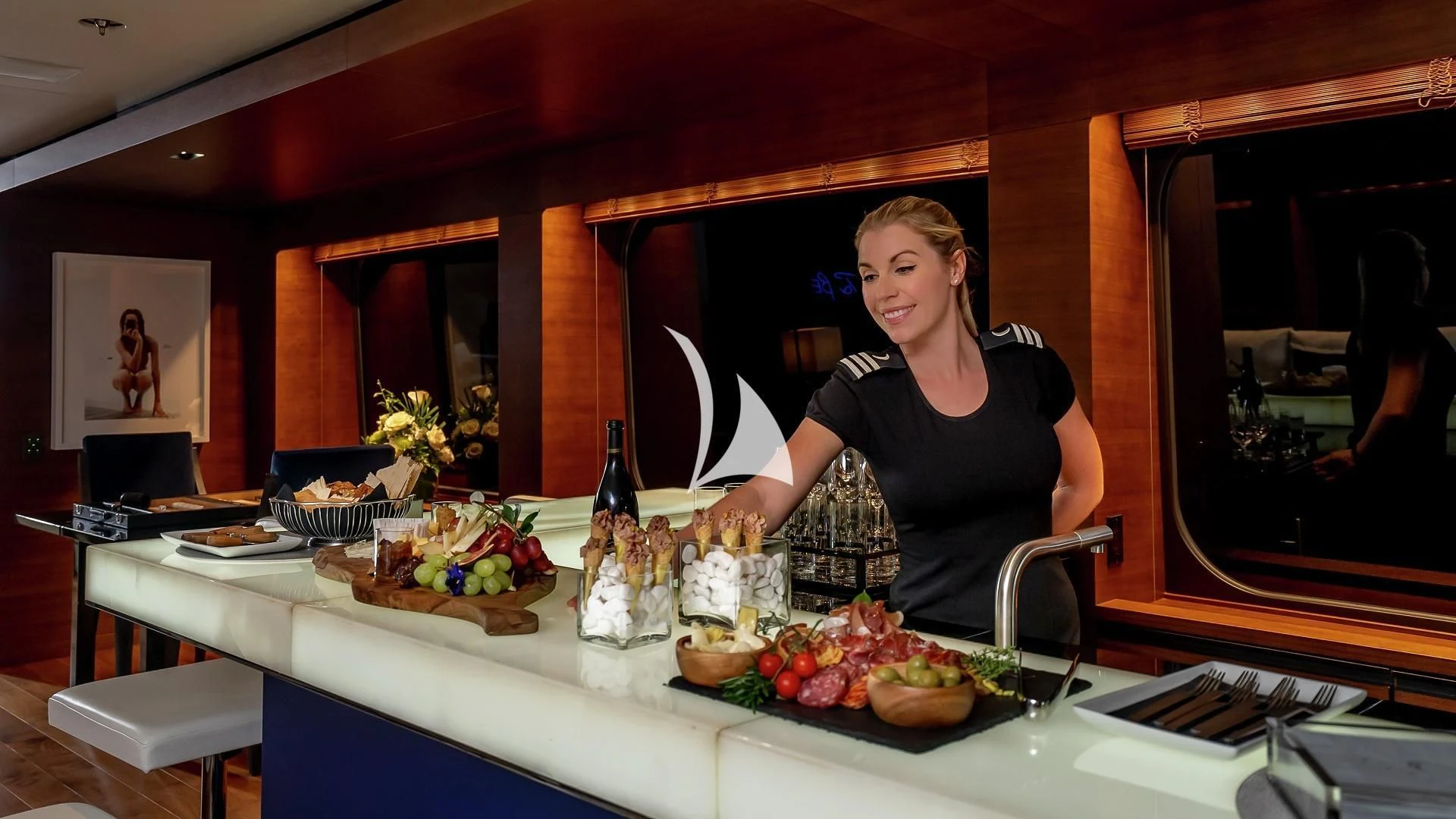 a person standing at a counter aboard ODESSA Yacht for Sale