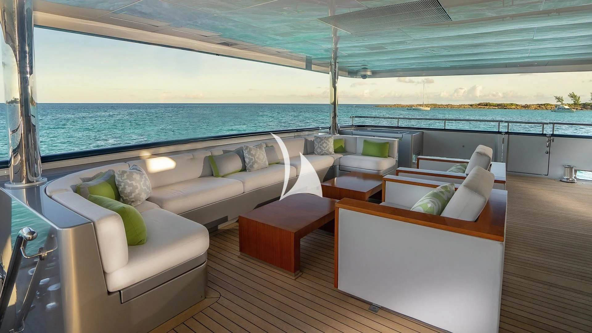 a room with a bed and a large window aboard ODESSA Yacht for Sale