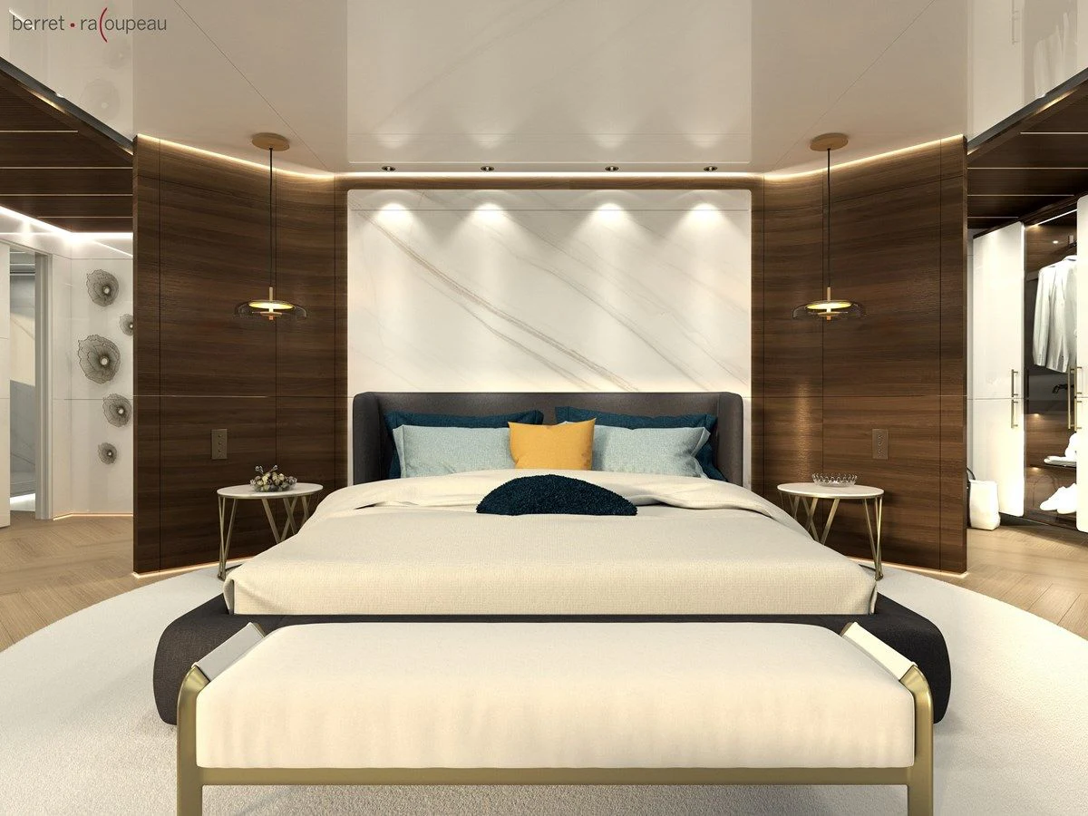 a large bed in a room aboard ZEFFIRO 150' Yacht for Sale