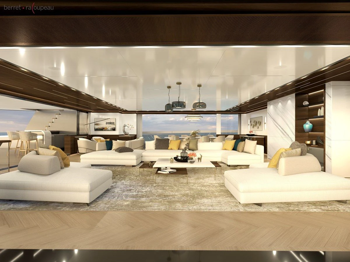 a room with couches and a table aboard ZEFFIRO 150' Yacht for Sale