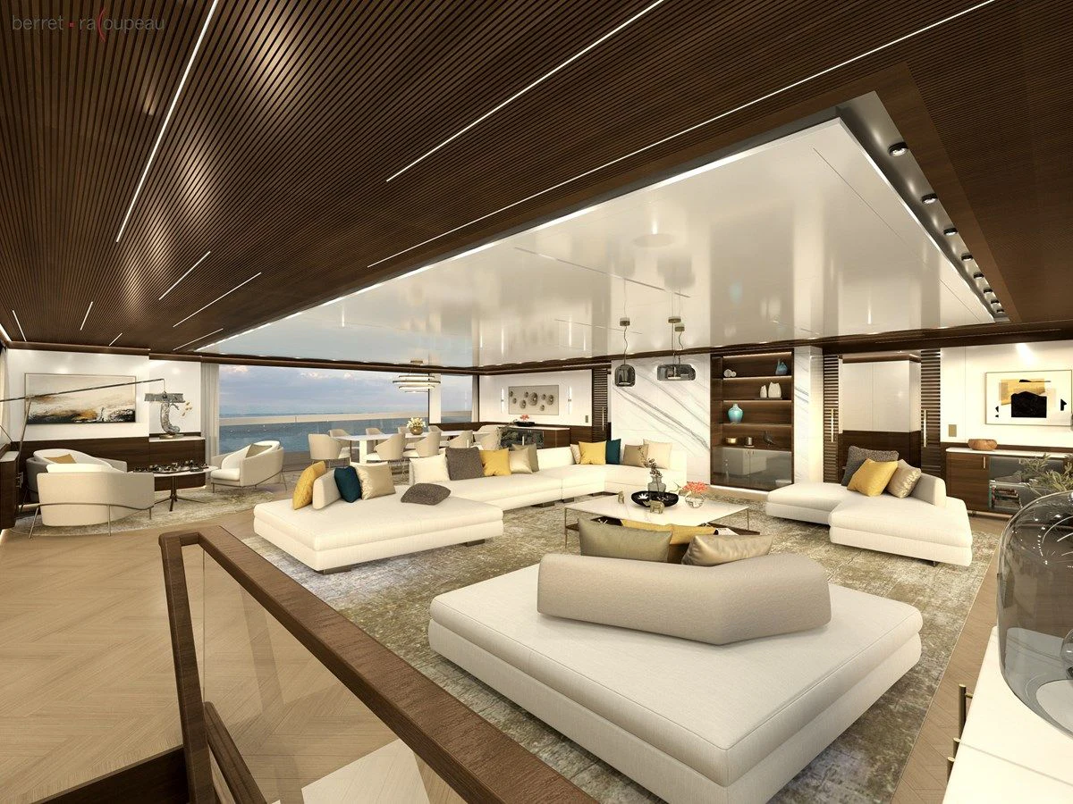 a modern looking living room aboard ZEFFIRO 150' Yacht for Sale