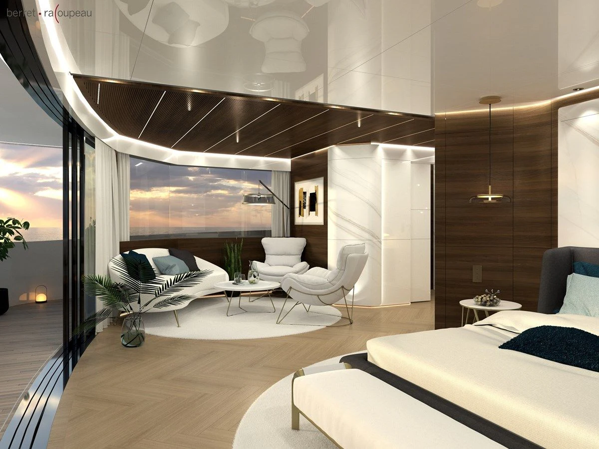 a room with a bed and a couch aboard ZEFFIRO 150' Yacht for Sale