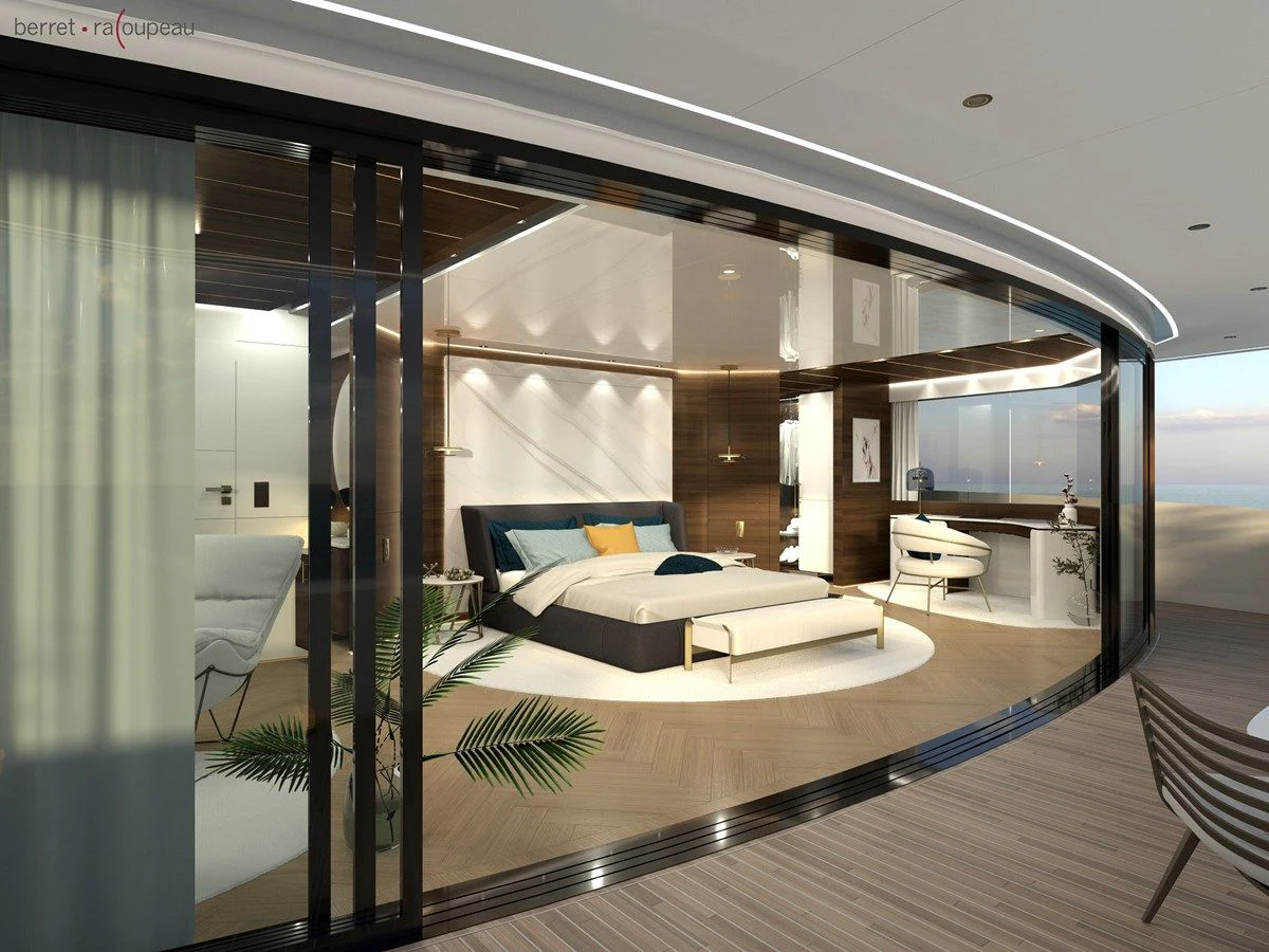 a modern looking living room aboard ZEFFIRO 150' Yacht for Sale