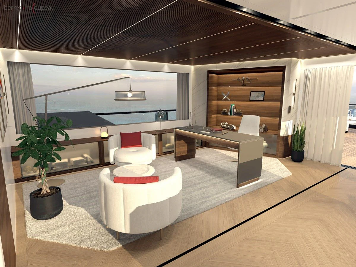 a modern living room with a large window aboard ZEFFIRO 150' Yacht for Sale