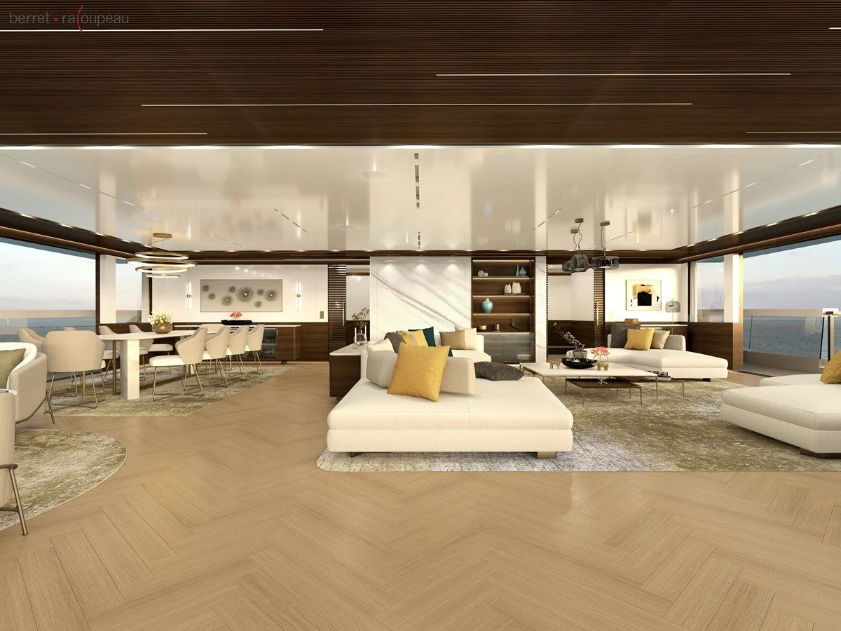 a large living room with a large window aboard ZEFFIRO 150' Yacht for Sale