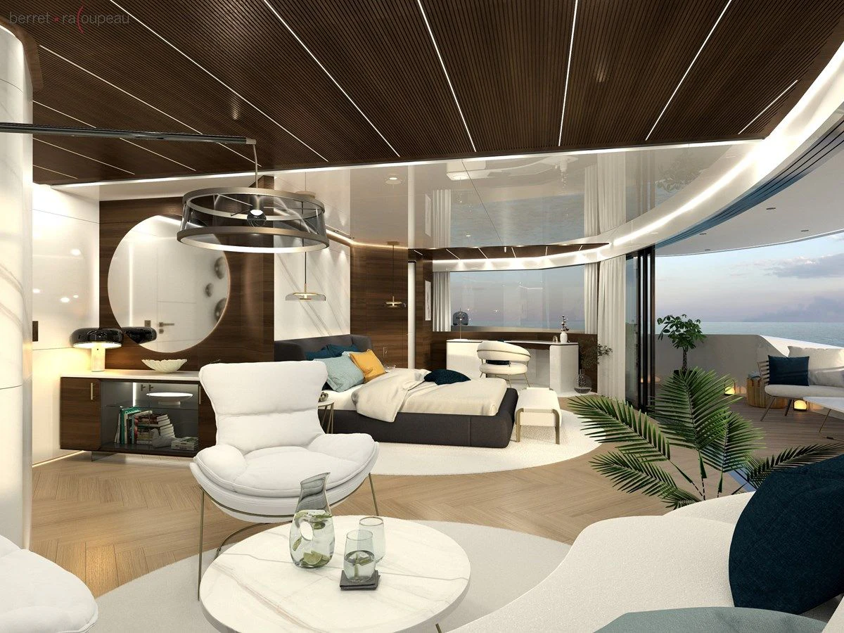a modern living room with a large glass ceiling aboard ZEFFIRO 150' Yacht for Sale