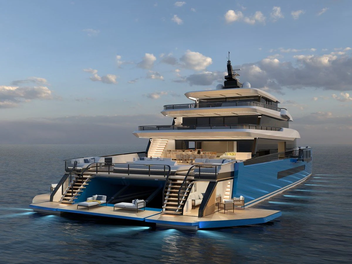 a large white building on a boat aboard ZEFFIRO 150' Yacht for Sale