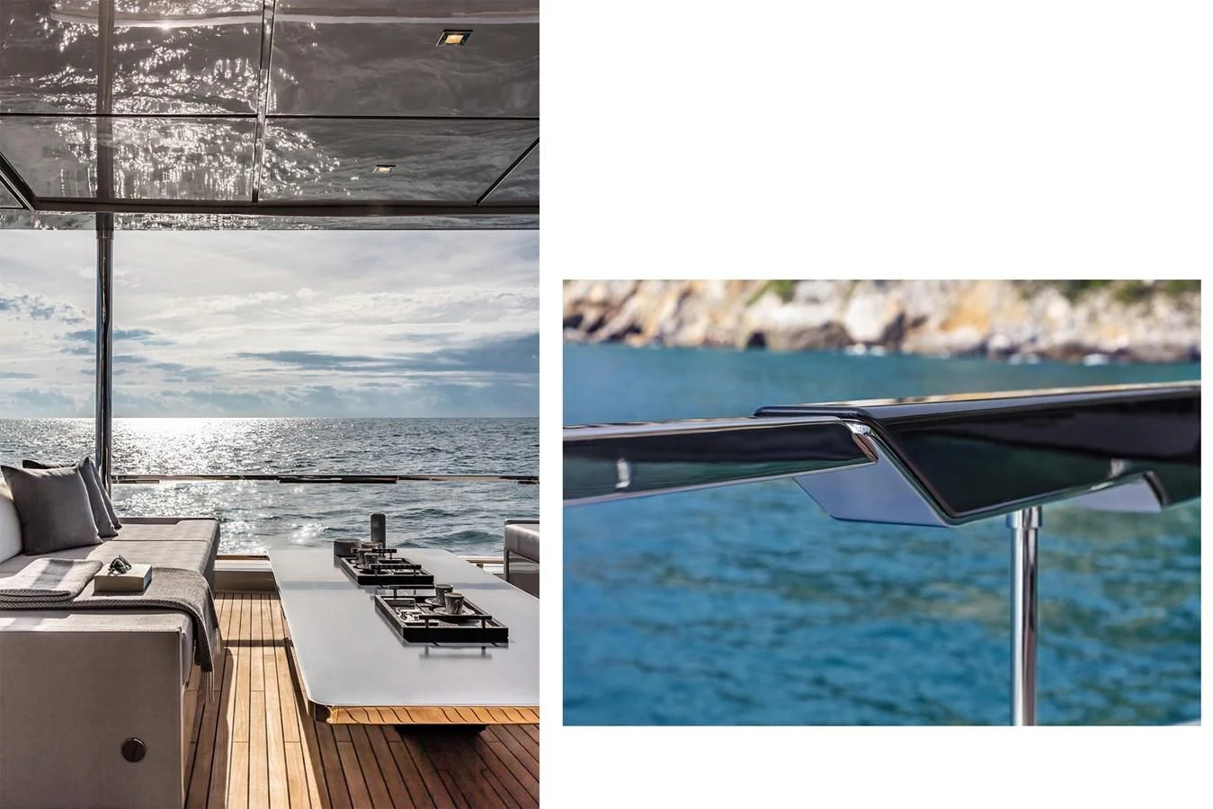 a deck with a view of the ocean and mountains aboard RIVA 90' ARGO Yacht for Sale
