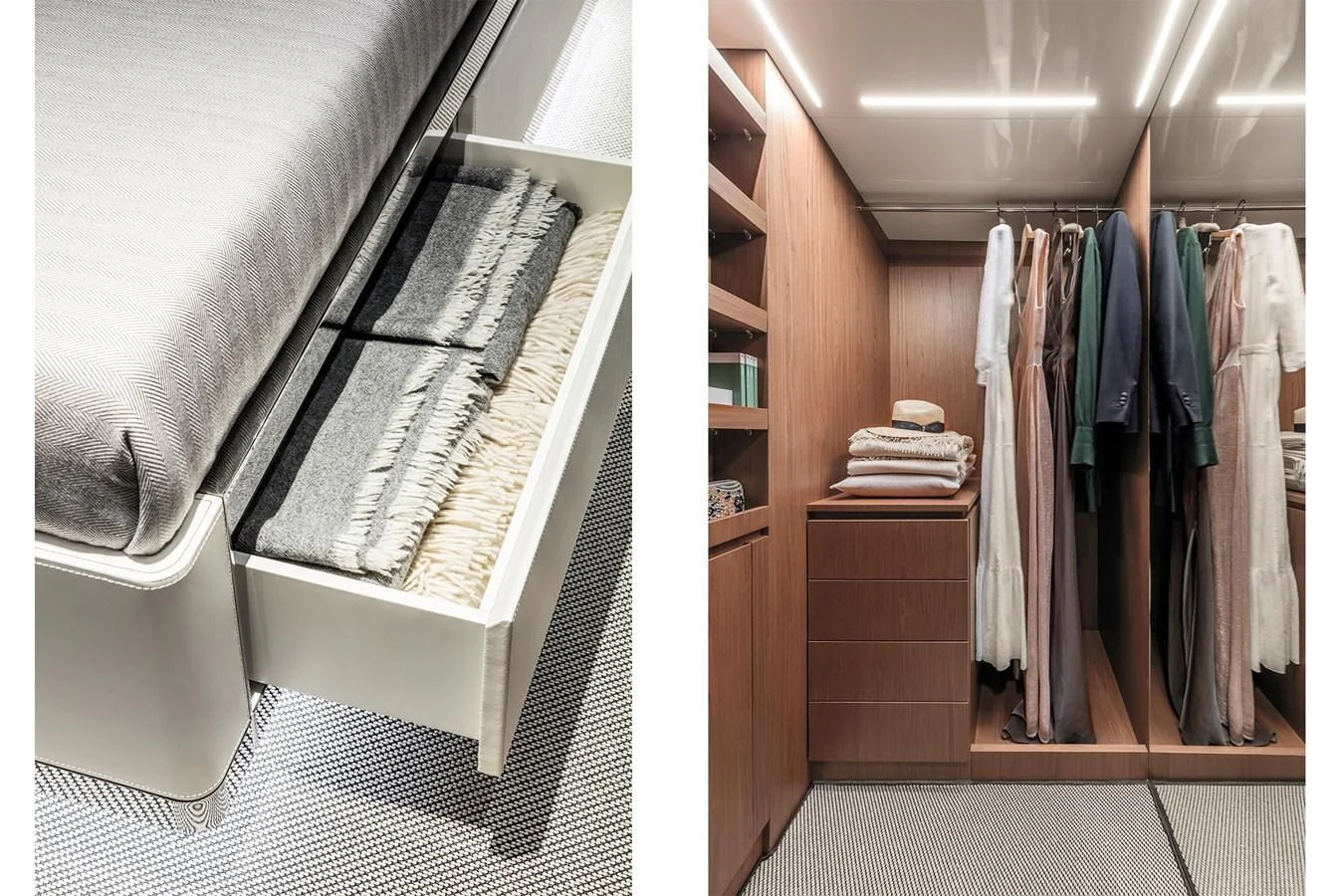 a room with a bed and a shelf with clothes on it aboard RIVA 90' ARGO Yacht for Sale