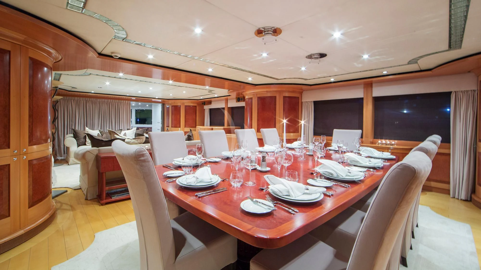 a dining table set for a dinner aboard BENIK Yacht for Charter
