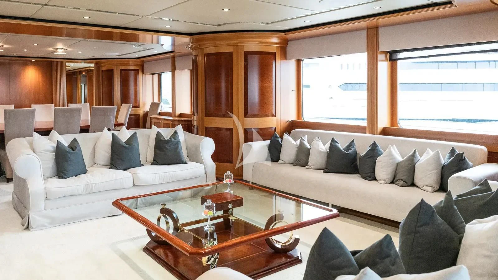 a living room with a couch and a coffee table aboard BENIK Yacht for Charter