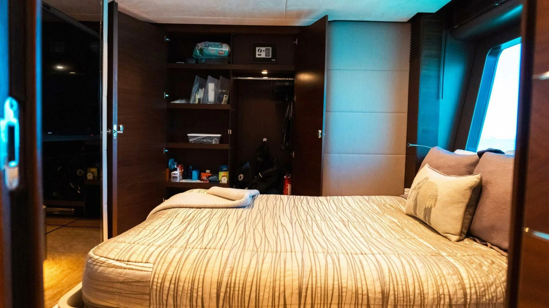 a bed in a room aboard MOIRA CINCO Yacht for Sale