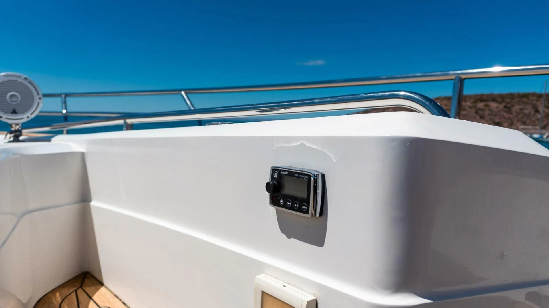 a white car with a black screen aboard MOIRA CINCO Yacht for Sale