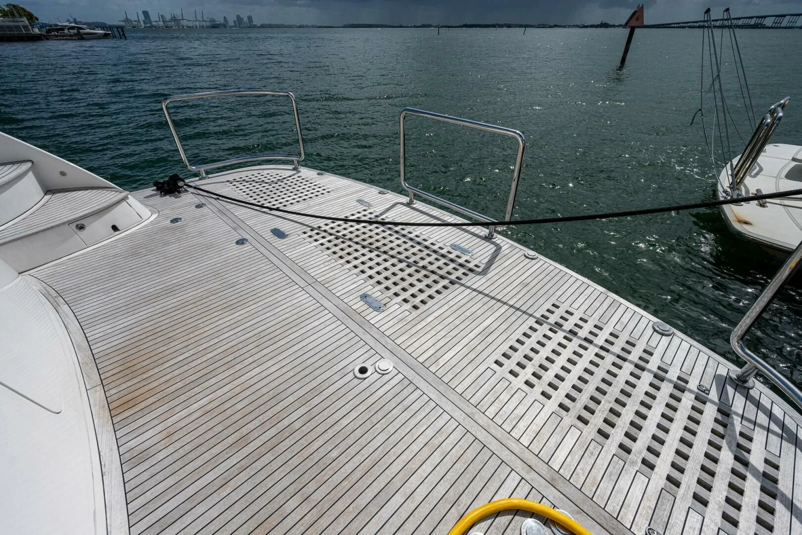 a white boat with a metal railing aboard MOIRA CINCO Yacht for Sale