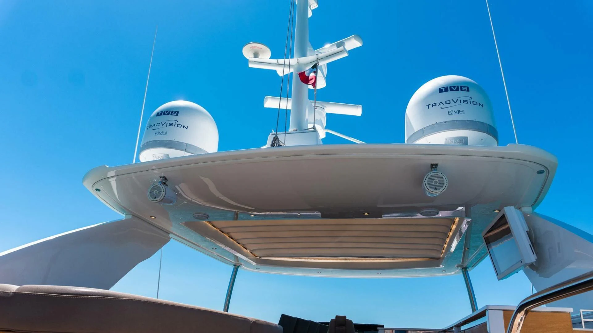 a couple of satellite dishes on a pole aboard MOIRA CINCO Yacht for Sale