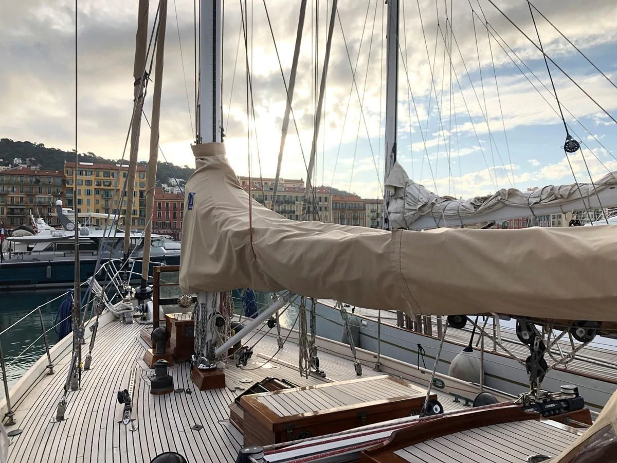 a large sailboat on a dock aboard COPIHUE Yacht for Sale