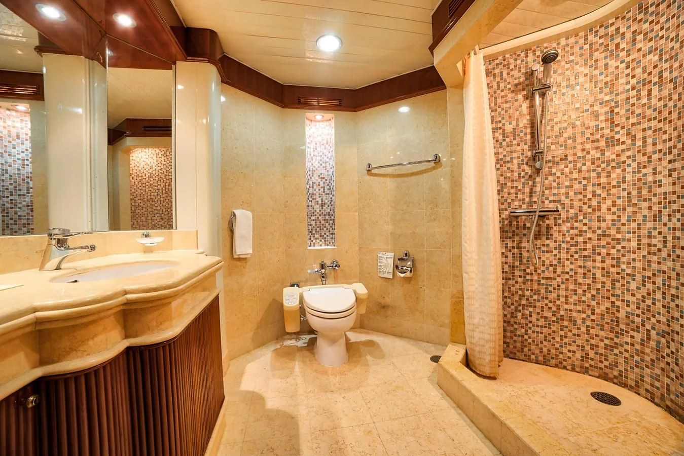 a bathroom with a shower curtain and a sink aboard ASEAN LADY Yacht for Sale