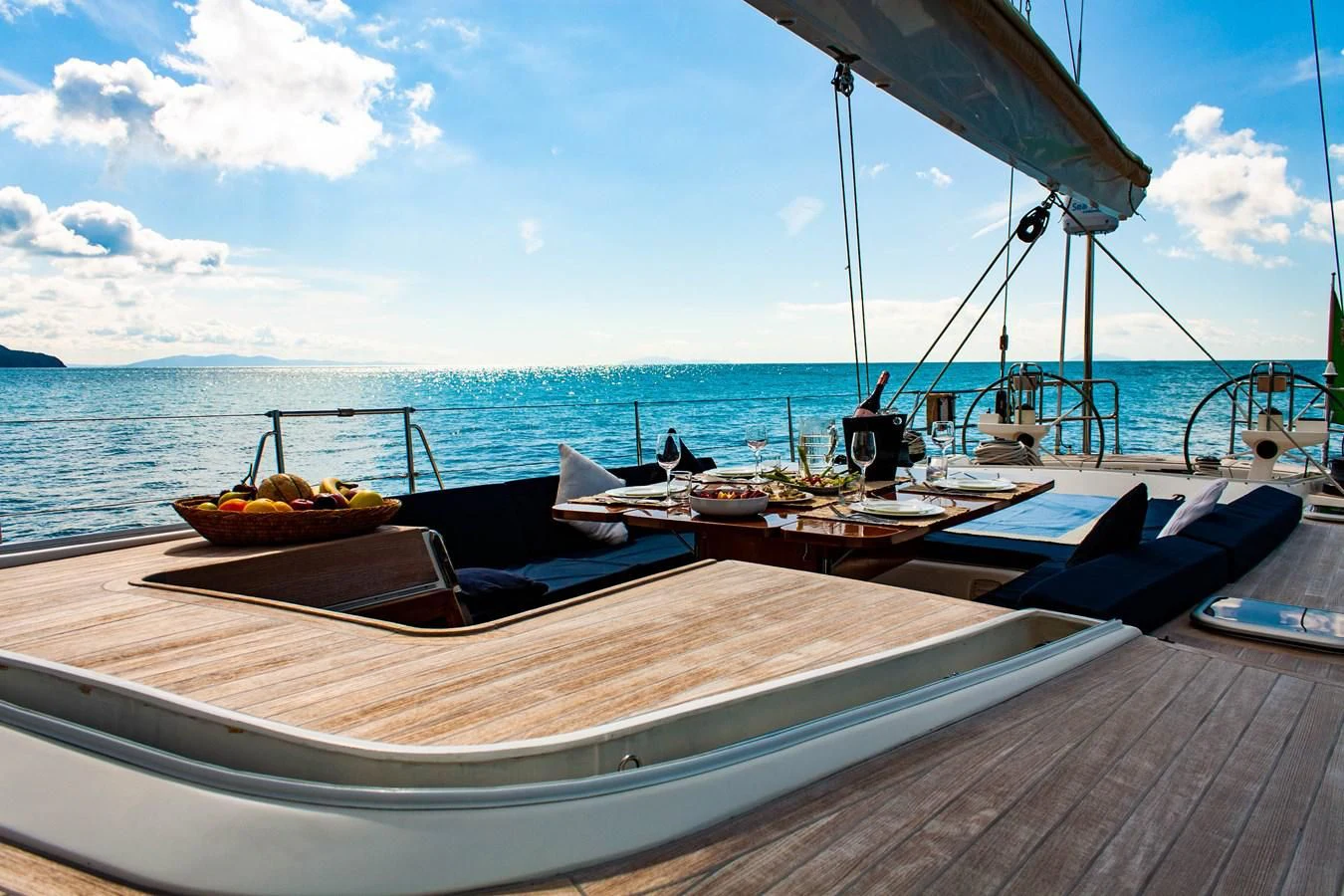 a boat with a fruit on the front aboard NAUTA-PETERSON 75 Yacht for Sale