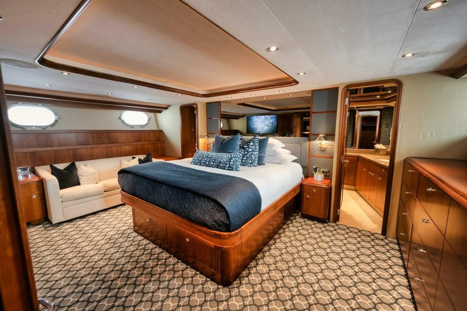 a bed in a room aboard SLEEPOVER Yacht for Sale