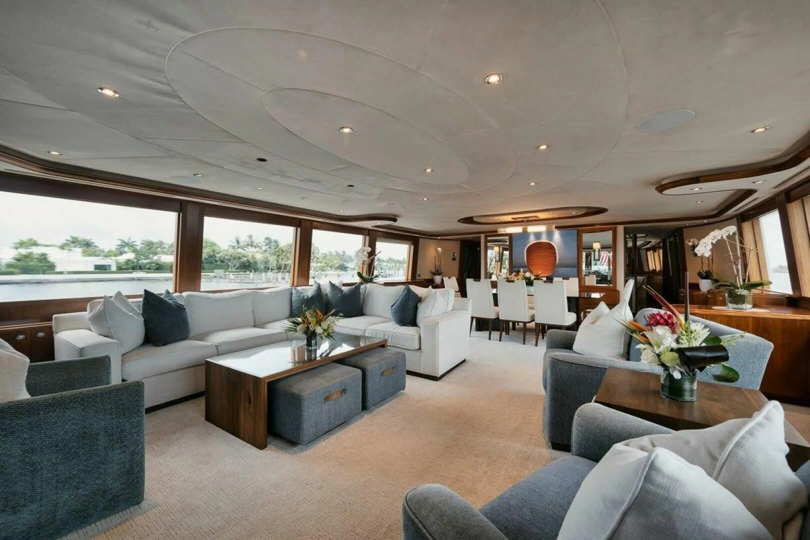 a living room with a large window aboard SLEEPOVER Yacht for Sale