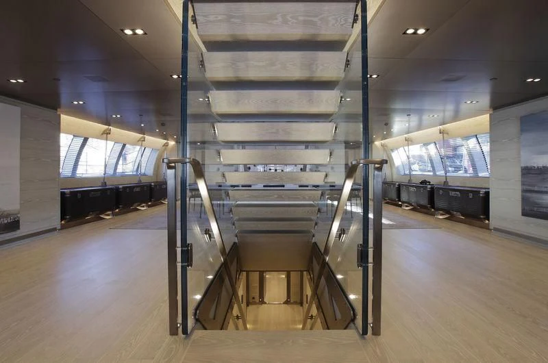 a room with a large metal staircase aboard BADIS I Yacht for Sale