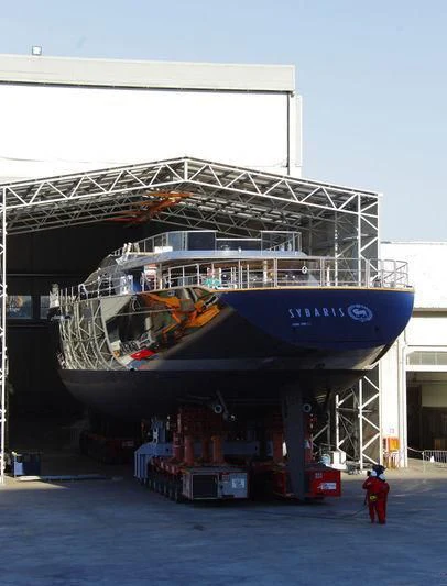 a large building with a blue roof aboard BADIS I Yacht for Sale