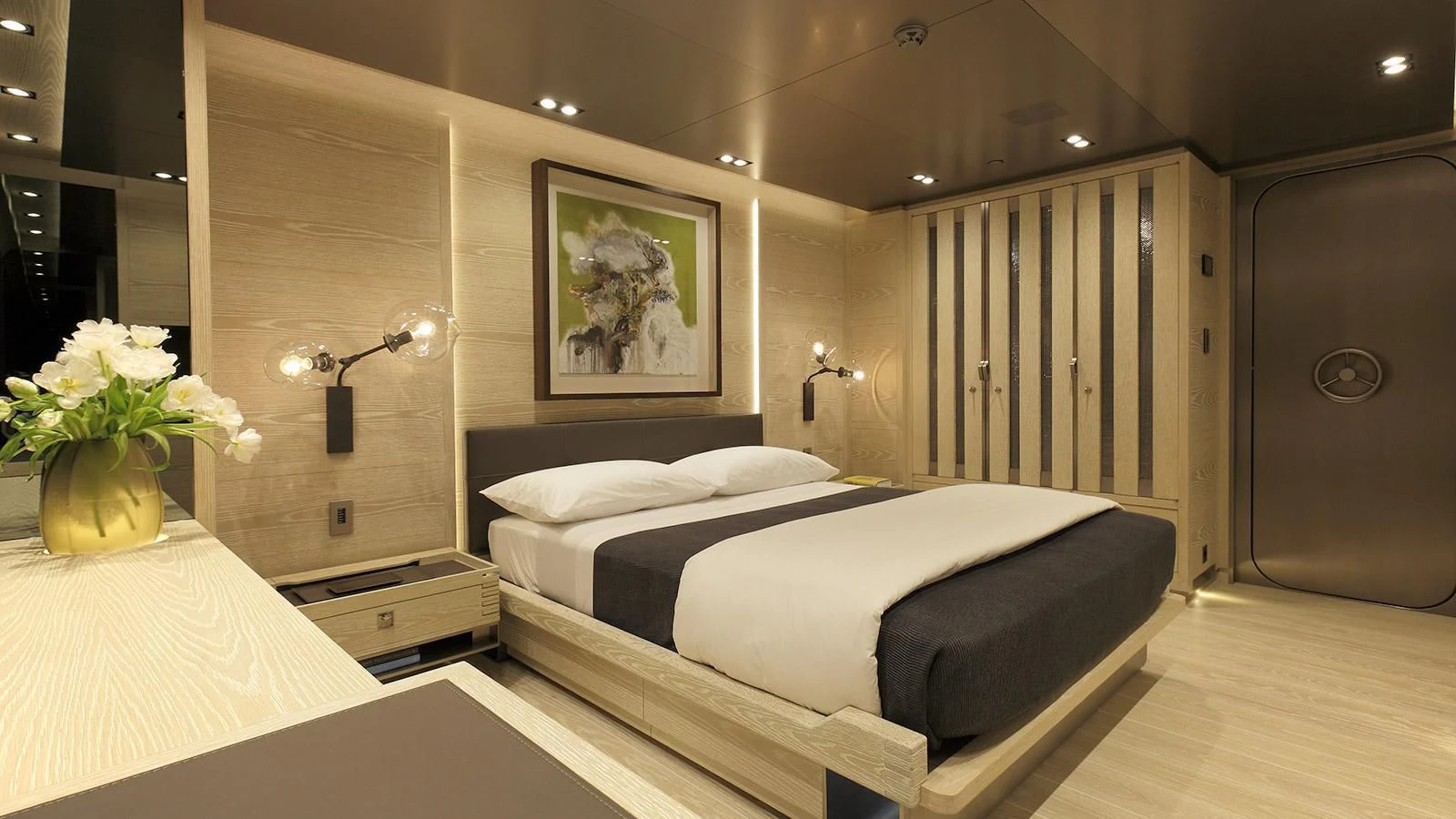 a room with two beds aboard BADIS I Yacht for Sale
