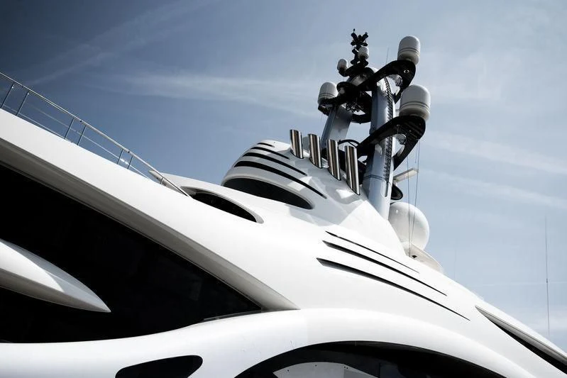 a white boat with a propeller aboard AMBASSADOR Yacht for Sale