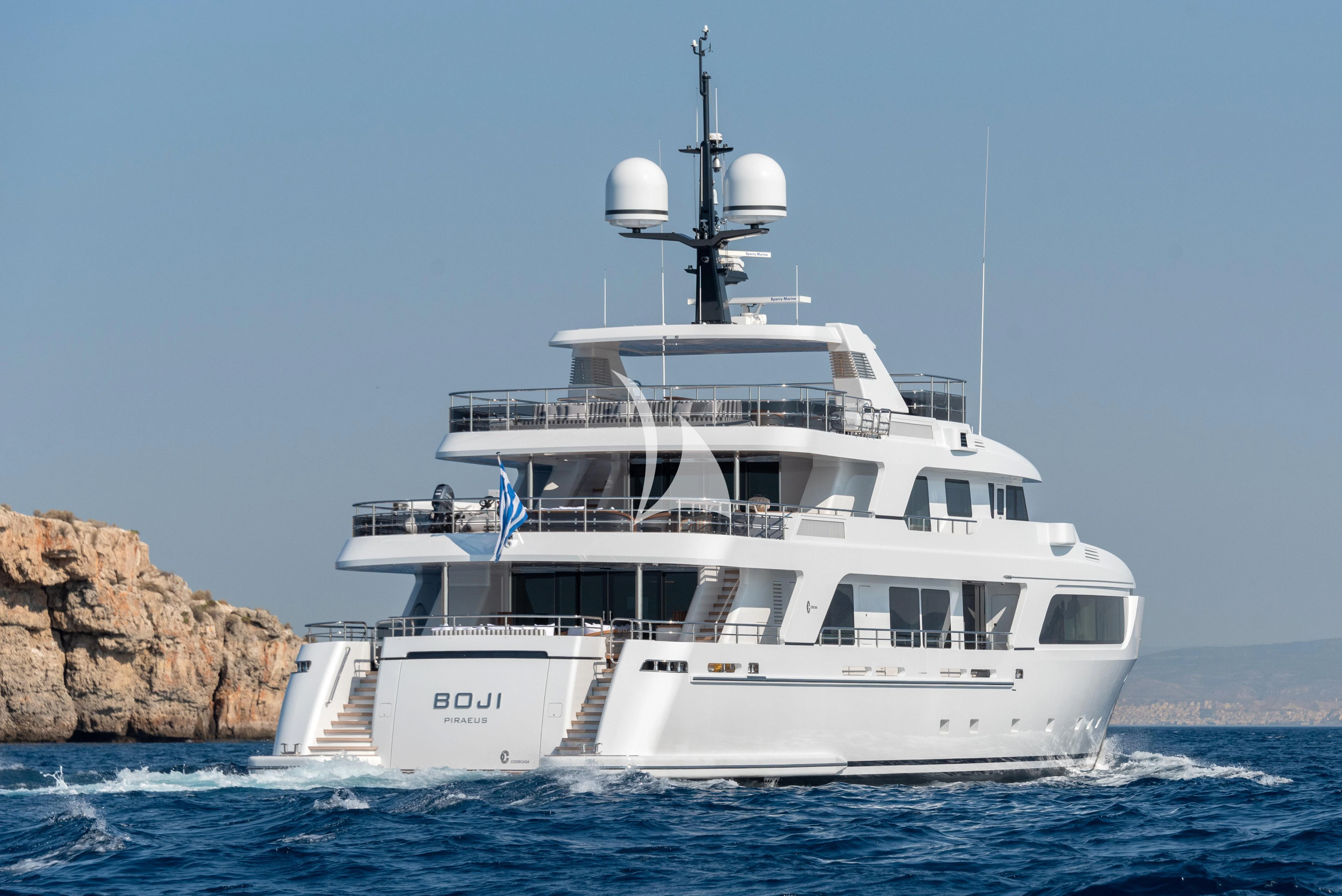 a white boat in the water aboard BOJI Yacht for Sale