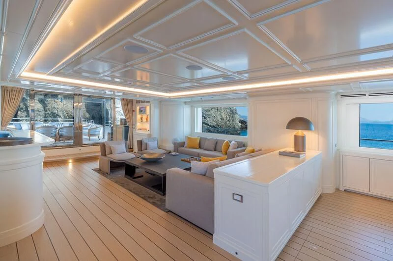 a large living room with a large open floor plan aboard BOJI Yacht for Sale