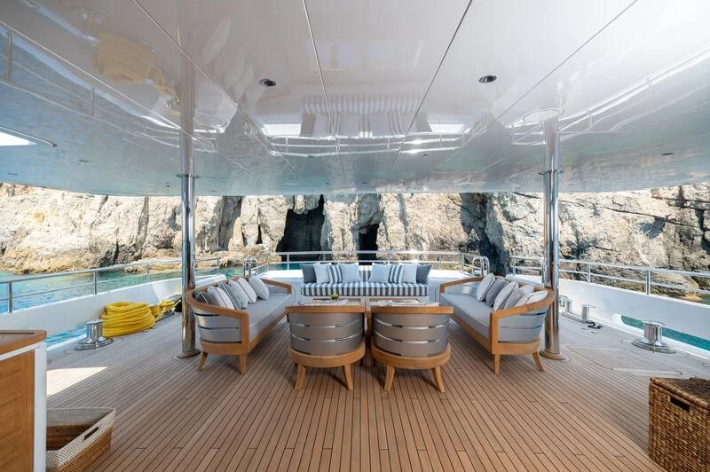 a room with a view of a city aboard BOJI Yacht for Sale