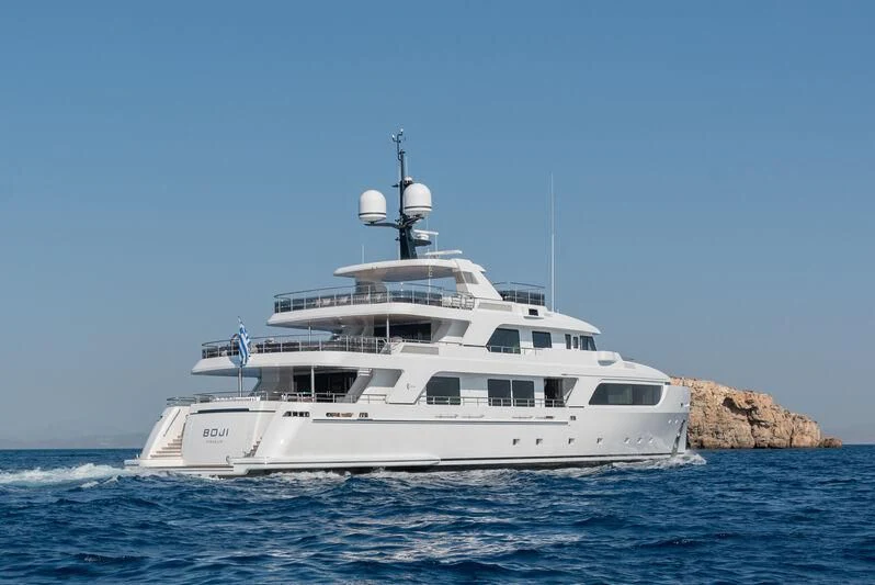 a white yacht in the water aboard BOJI Yacht for Sale