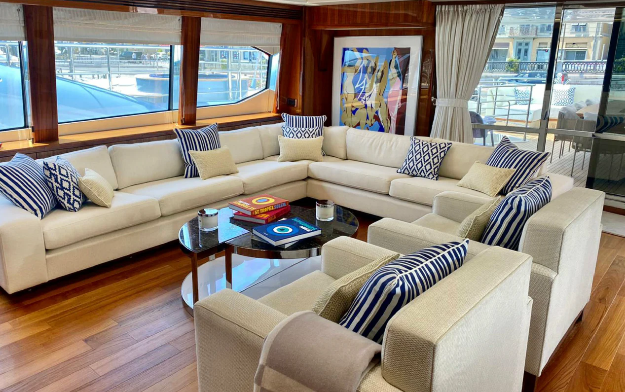a living room with a large window aboard ANYA Yacht for Sale