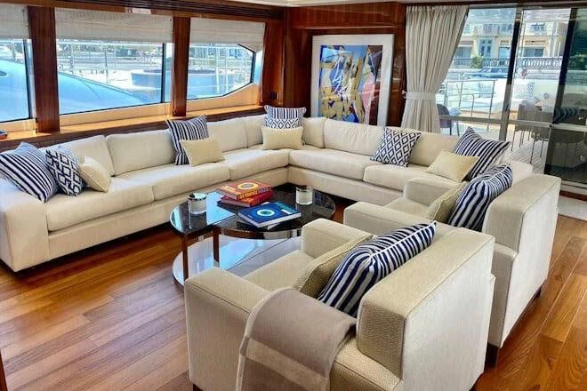 a living room with a large window aboard ANYA Yacht for Sale