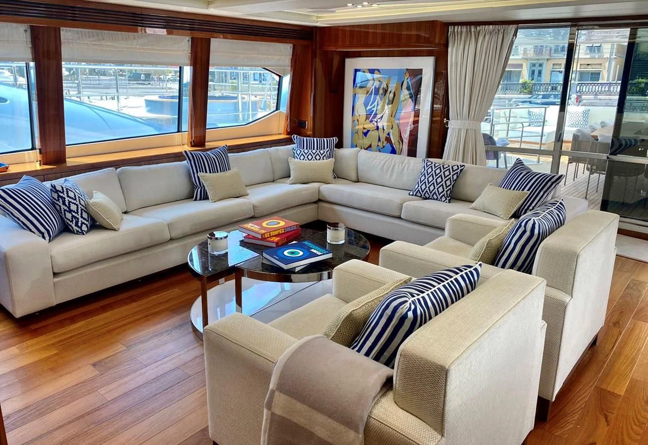 a living room with a large window aboard ANYA Yacht for Sale