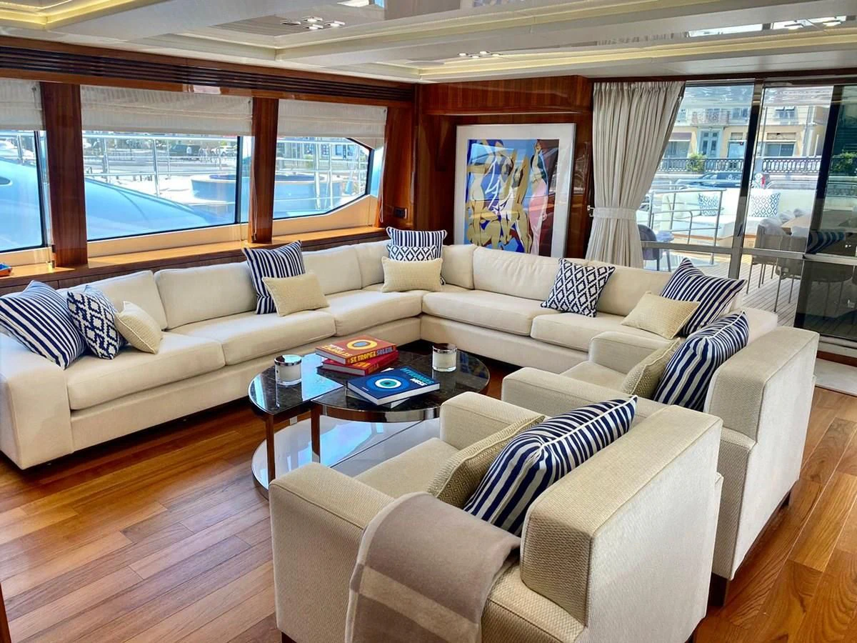 a living room with a large window aboard ANYA Yacht for Sale