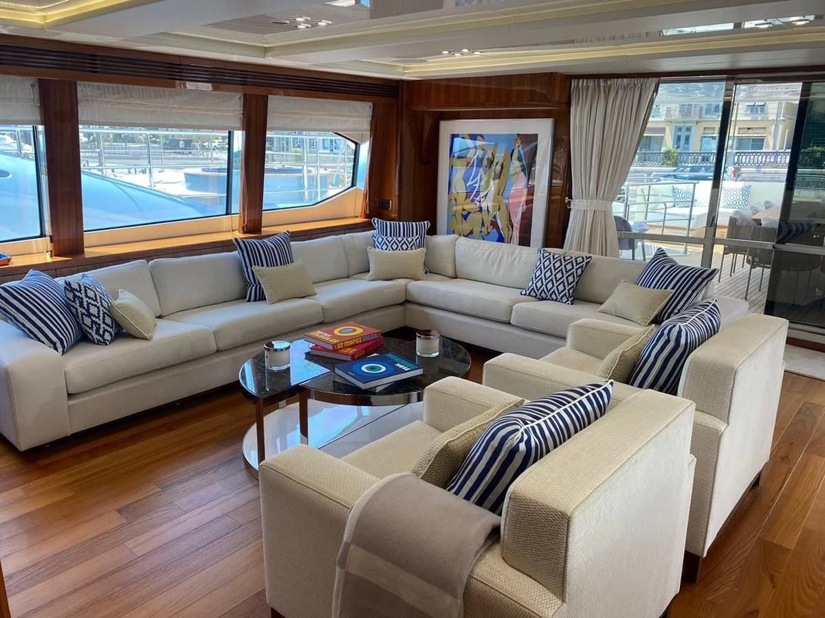 a living room with a large window aboard ANYA Yacht for Sale