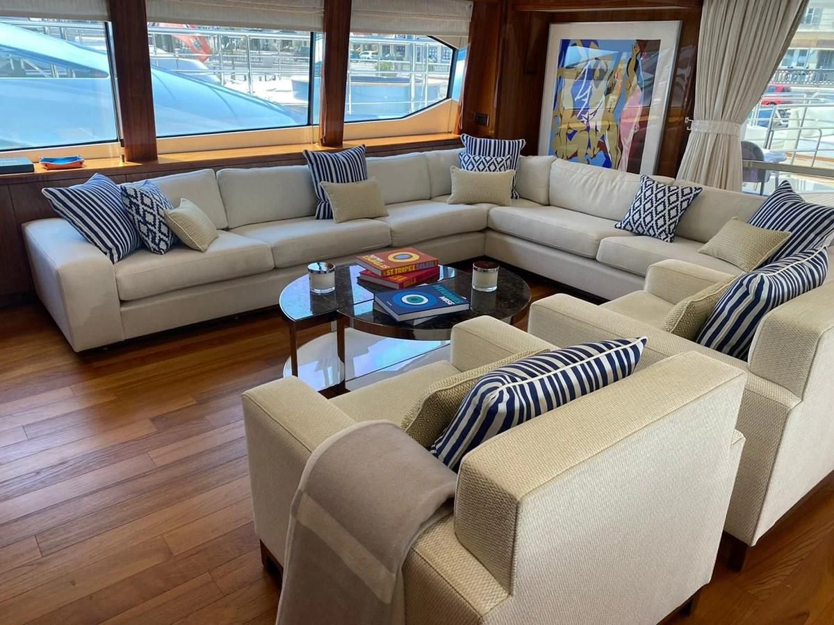 a living room with a large window aboard ANYA Yacht for Sale