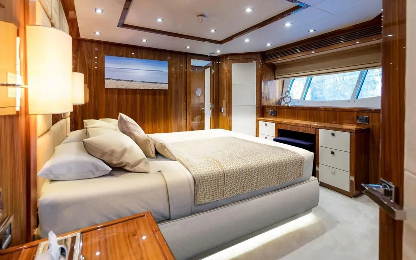 a large bed in a room aboard ANYA Yacht for Sale