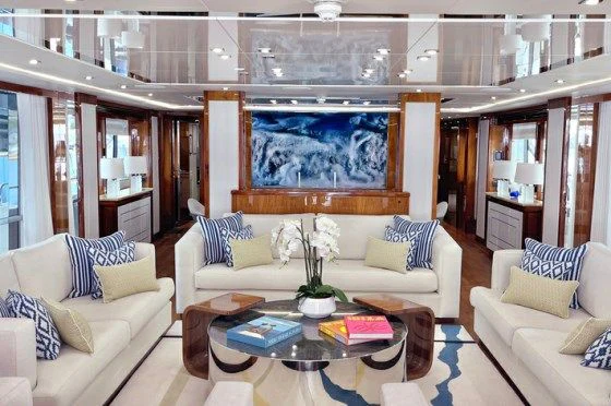 a living room with a large screen aboard ANYA Yacht for Sale