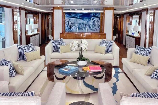 a living room with a large window aboard ANYA Yacht for Sale