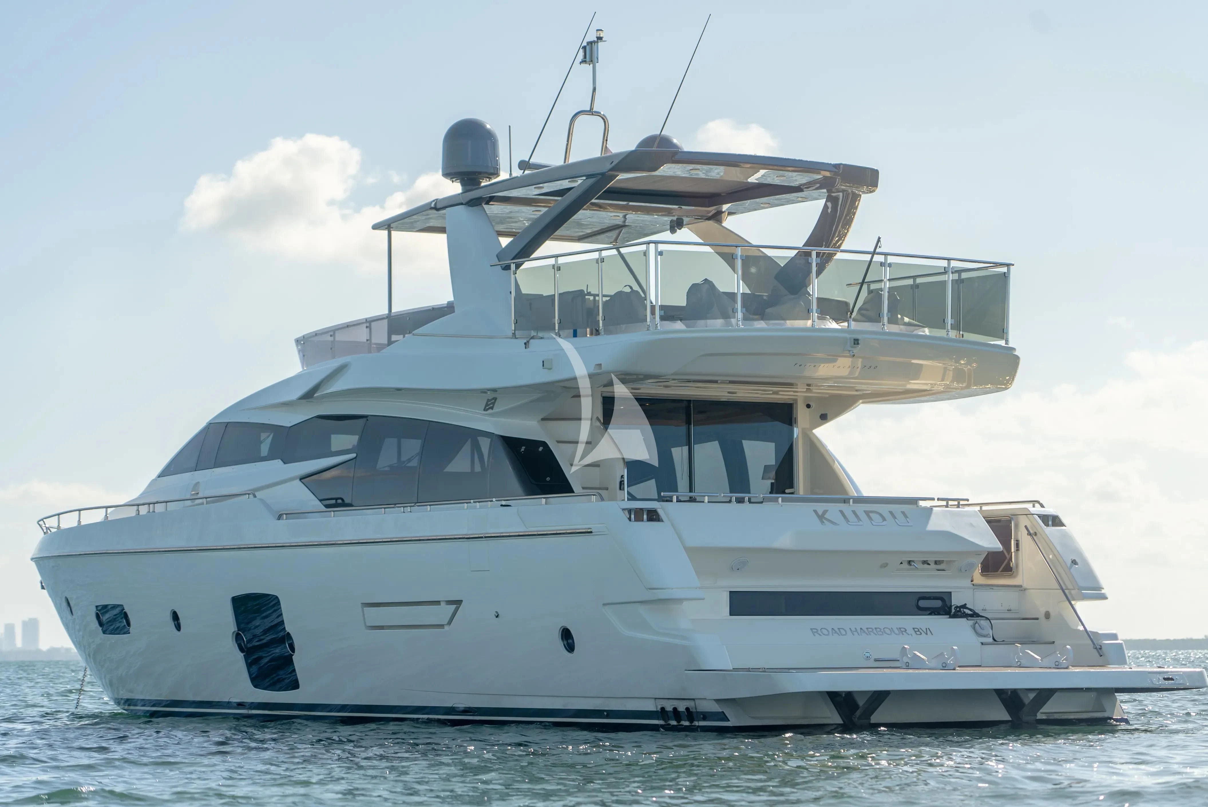 a white yacht in the water aboard KUDU Yacht for Sale