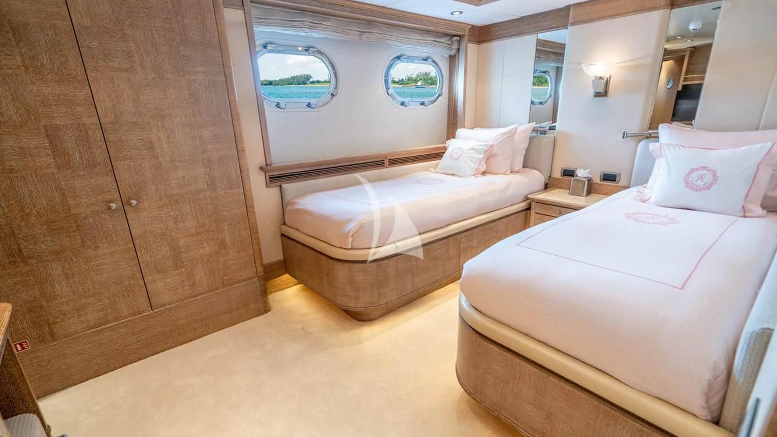 a room with a bed and a mirror aboard ARTEMISEA Yacht for Sale