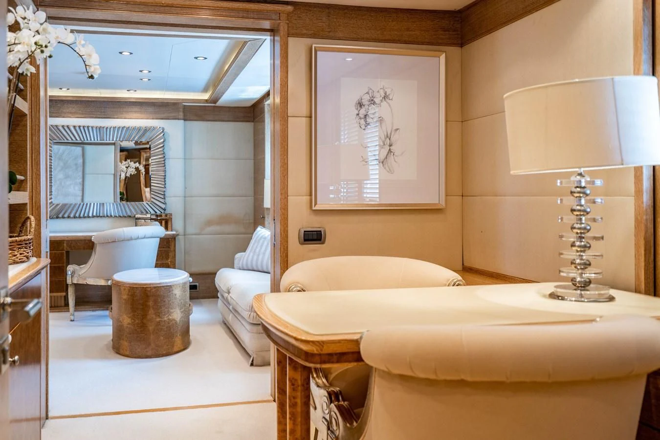 a large bedroom with a large mirror aboard ARTEMISEA Yacht for Sale