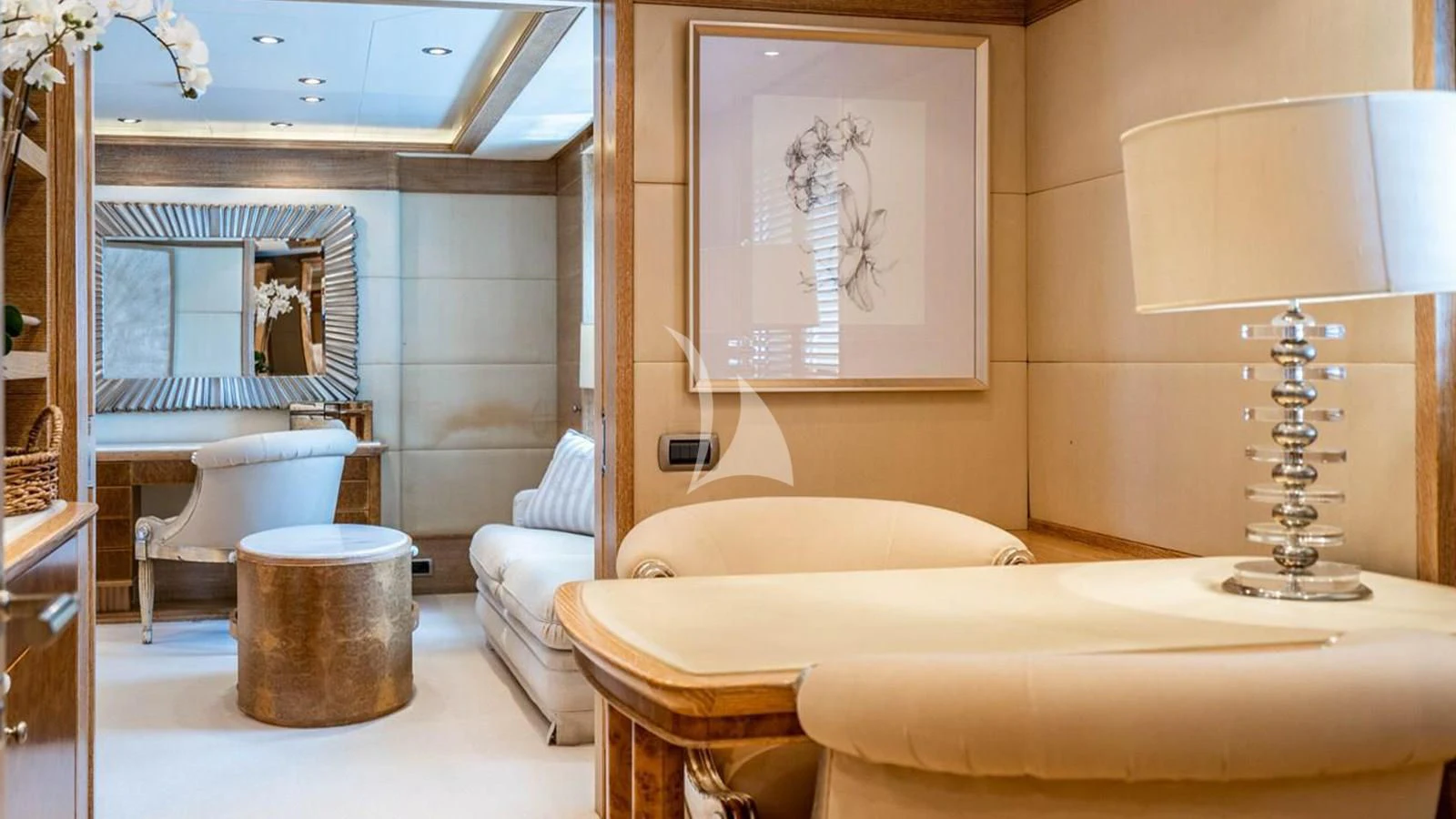 a room with a bed and a mirror aboard ARTEMISEA Yacht for Sale