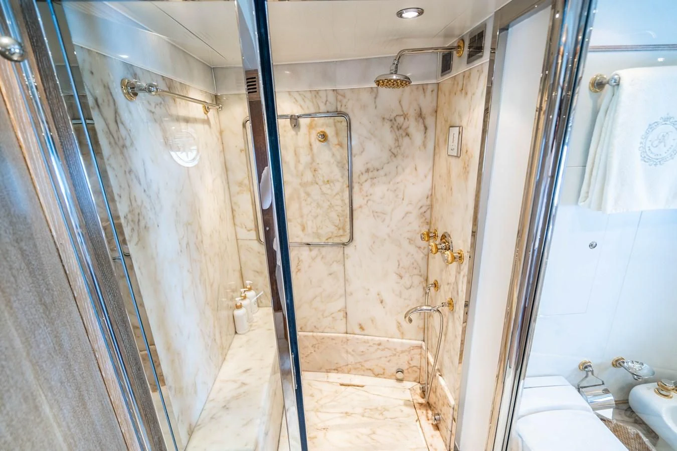 a bathroom with a shower aboard ARTEMISEA Yacht for Sale