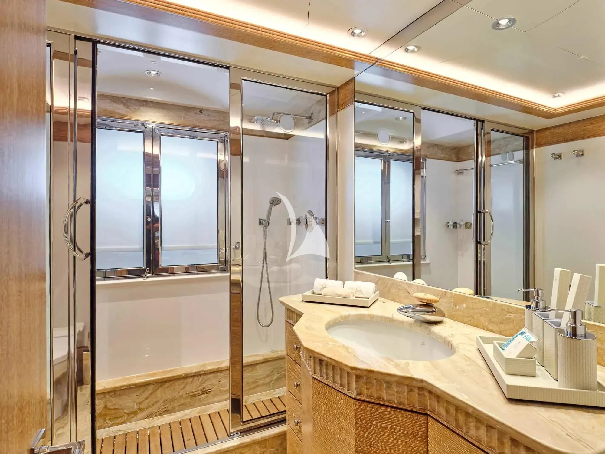 a bathroom with a sink and a shower aboard ARTEMISEA Yacht for Sale