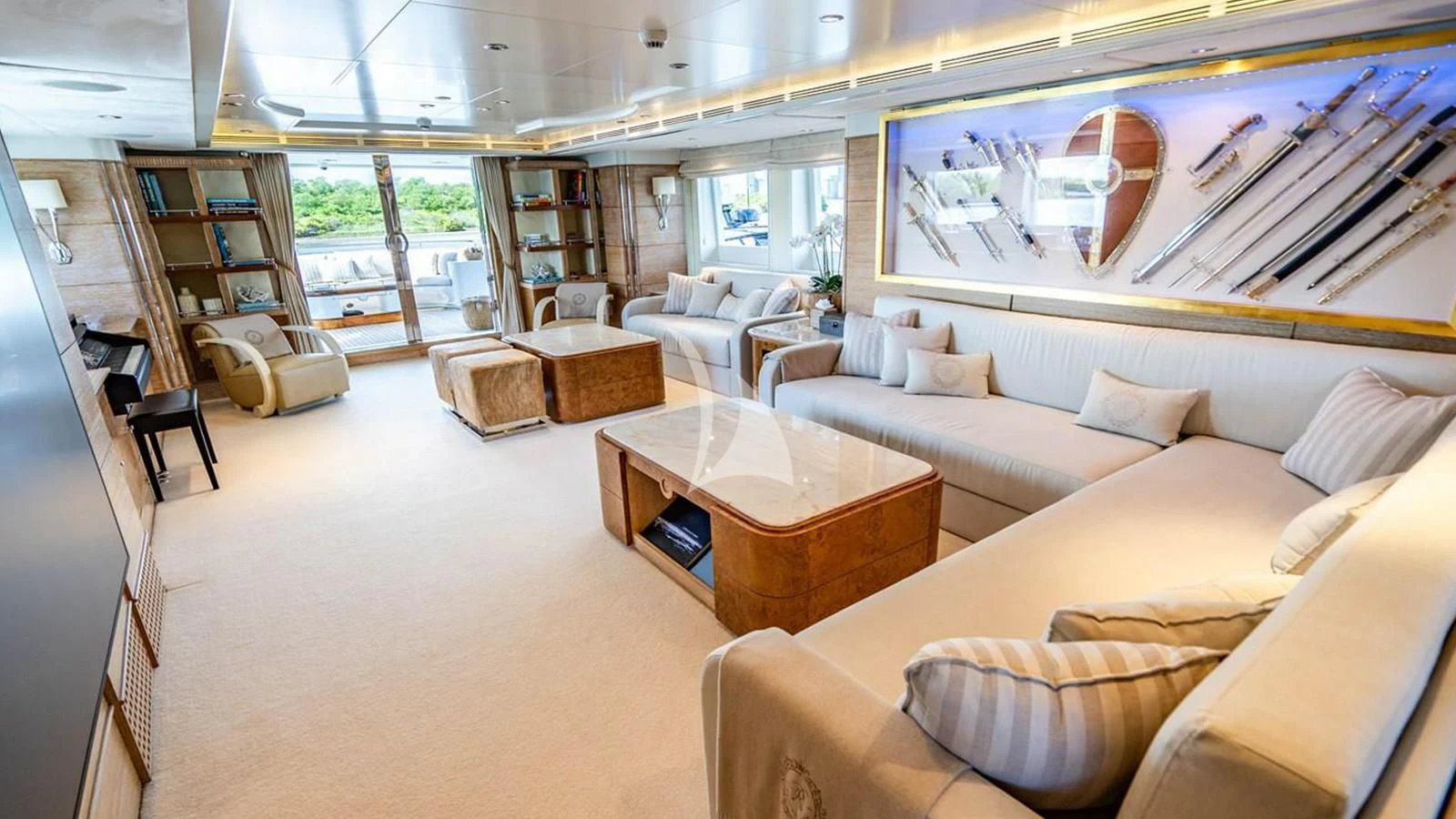 a living room with a large window aboard ARTEMISEA Yacht for Sale